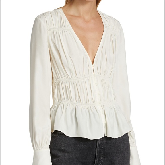 Frame Ruched V-Neck Silk Blouse Off White Large- New - Picture 14 of 14